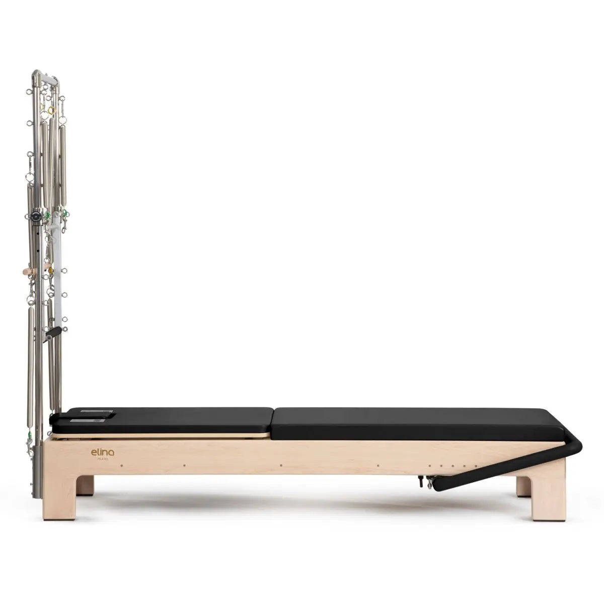 Elina Pilates Elite Advanced Reformer mit Tower mit schwarzer Liegefläche, Seitenansicht