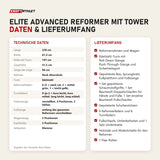Technische Daten und Lieferumfang von Elina Pilates Elite Advanced Reformer mit Tower als Tabelle