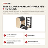 Elina Pilates Elite Ladder Barrel mit Stahlbasis mit 4 Merkmalen: Fußplattformen, Stahlbasis, Sprossen mit gummiertem Schaumstoff, Kunstlederbezug