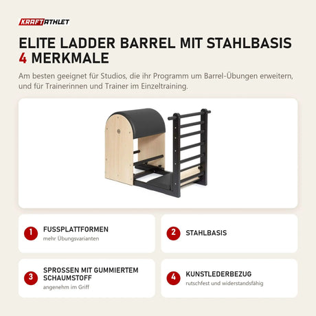 Elina Pilates Elite Ladder Barrel mit Stahlbasis mit 4 Merkmalen: Fußplattformen, Stahlbasis, Sprossen mit gummiertem Schaumstoff, Kunstlederbezug