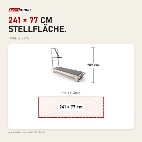 Maßbild Elina Pilates Elite Reformer mit Tower aus Ahornholz: Stellfläche 241 × 77 cm, Höhe 202 cm