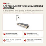 Elina Pilates Elite Reformer mit Tower aus Ahornholz mit 4 Merkmalen: Reformer und Turm, 6 Reformerfedern, Quick-Release-Fußstange, Federleiste in 3 Positionen und 2 Höhen