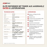 Technische Daten und Lieferumfang von Elina Pilates Elite Reformer mit Tower aus Ahornholz als Tabelle