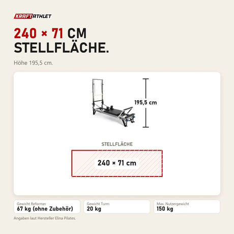 Maßbild Elina Pilates HL3 Reformer mit Tower aus Aluminium: Stellfläche 240 × 71 cm, Höhe 195,5 cm
