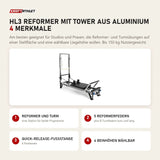 Elina Pilates HL3 Reformer mit Tower aus Aluminium mit 4 Merkmalen: Reformer und Turm, 5 Reformerfedern, Quick-Release-Fußstange, 4 Beinhöhen wählbar