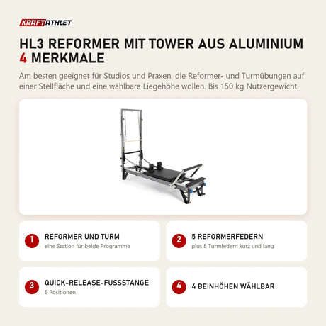 Elina Pilates HL3 Reformer mit Tower aus Aluminium mit 4 Merkmalen: Reformer und Turm, 5 Reformerfedern, Quick-Release-Fußstange, 4 Beinhöhen wählbar