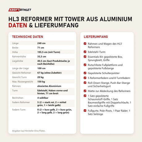 Technische Daten und Lieferumfang von Elina Pilates HL3 Reformer mit Tower aus Aluminium als Tabelle