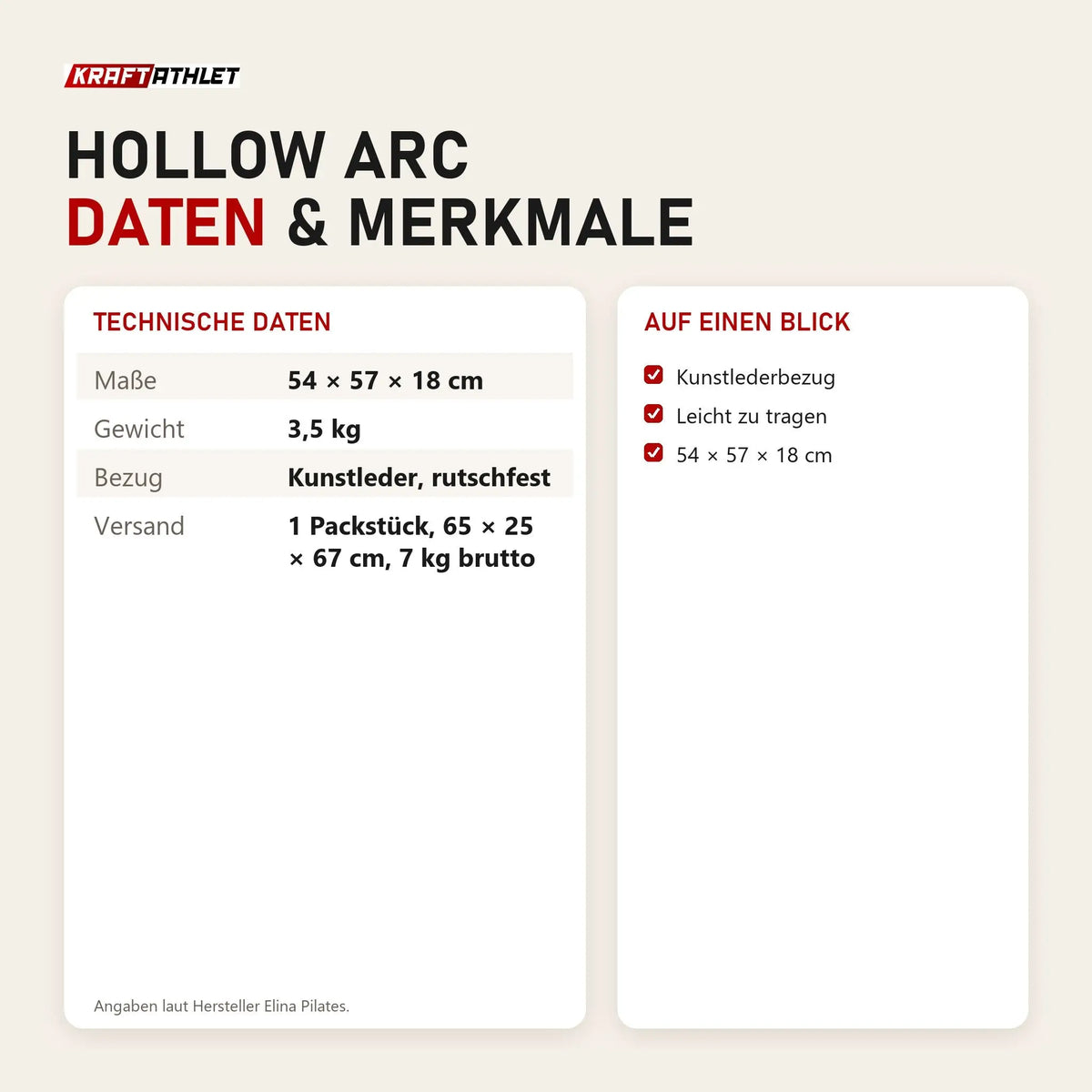 Technische Daten und Merkmale von Elina Pilates Hollow Arc als Tabelle