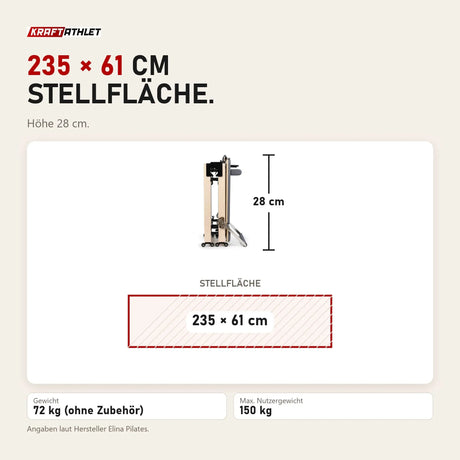 Maßbild Elina Pilates Klappbarer Reformer aus Ahornholz: Stellfläche 235 × 61 cm, Höhe 28 cm