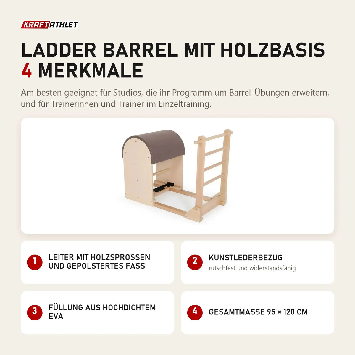 Elina Pilates Ladder Barrel mit Holzbasis mit 4 Merkmalen: Leiter mit Holzsprossen und gepolstertes Fass, Kunstlederbezug, Füllung aus hochdichtem EVA, Gesamtmaße 95 × 120 cm