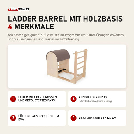 Elina Pilates Ladder Barrel mit Holzbasis mit 4 Merkmalen: Leiter mit Holzsprossen und gepolstertes Fass, Kunstlederbezug, Füllung aus hochdichtem EVA, Gesamtmaße 95 × 120 cm