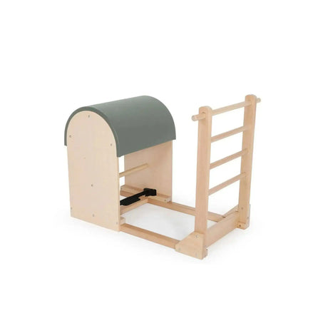 Elina Pilates Ladder Barrel mit Holzbasis in Schrägansicht, Bezug in Eukalyptus mit Sprossenleiter