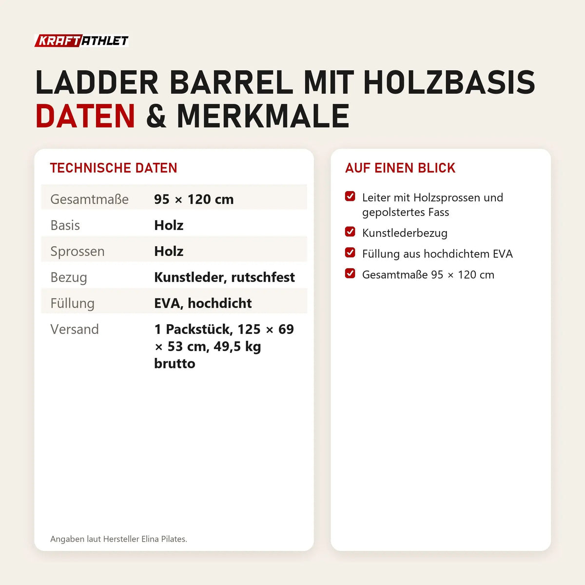 Technische Daten und Merkmale von Elina Pilates Ladder Barrel mit Holzbasis als Tabelle