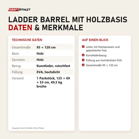 Technische Daten und Merkmale von Elina Pilates Ladder Barrel mit Holzbasis als Tabelle