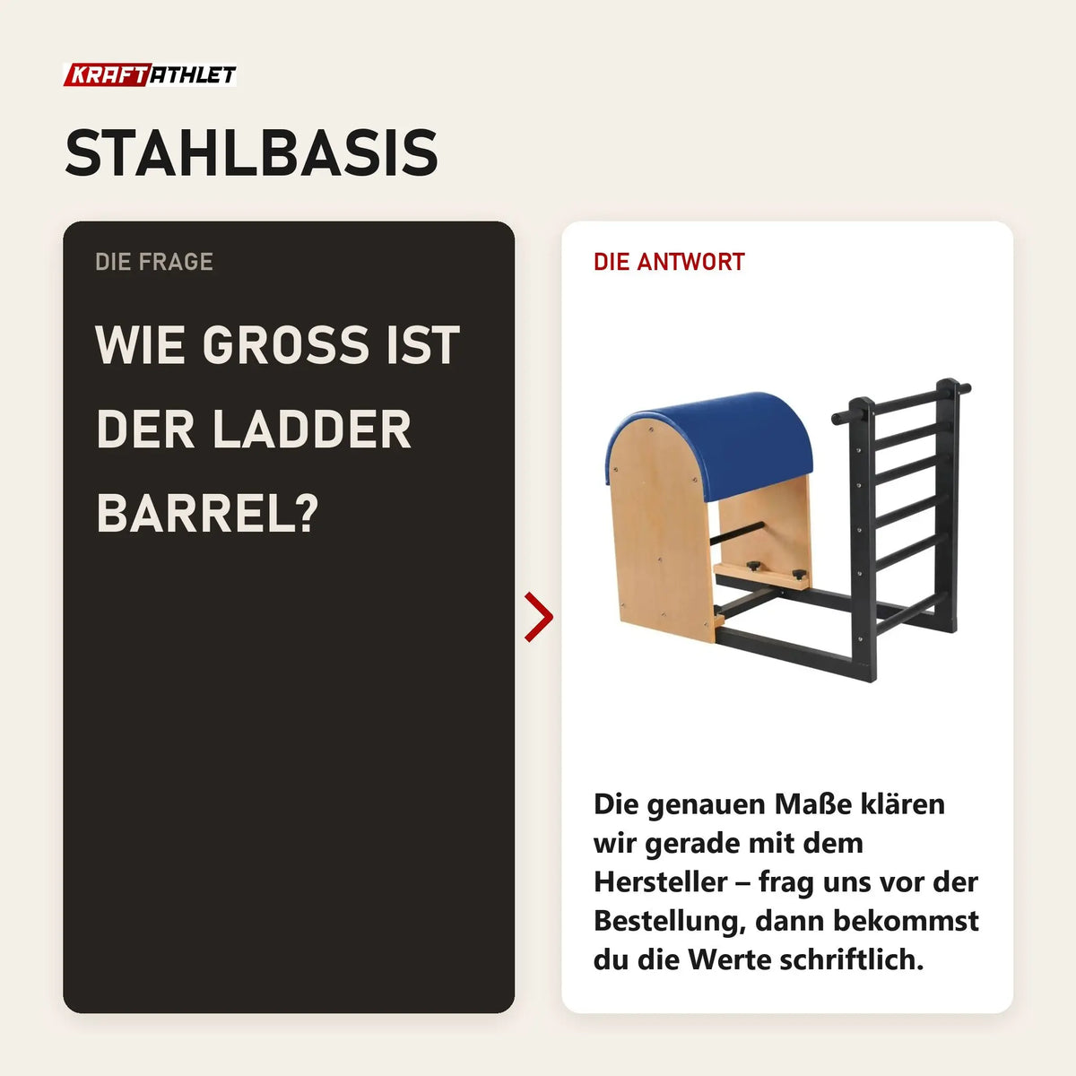 Frage und Antwort zu Elina Pilates Ladder Barrel mit Stahlbasis: Wie groß ist der Ladder Barrel?