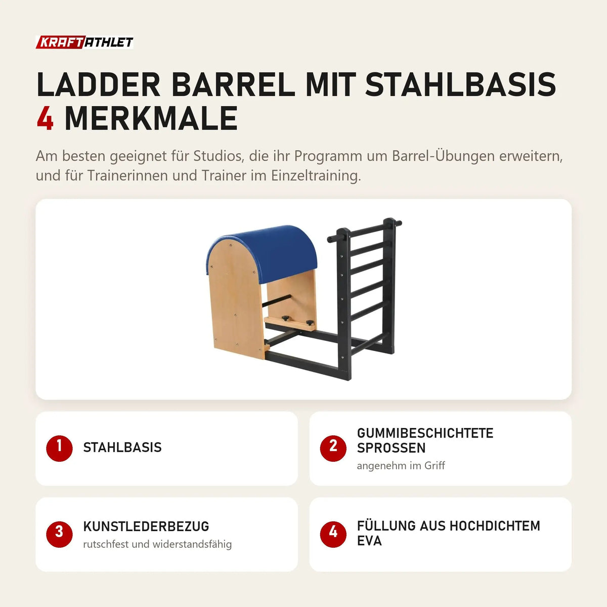 Elina Pilates Ladder Barrel mit Stahlbasis mit 4 Merkmalen: Stahlbasis, Gummibeschichtete Sprossen, Kunstlederbezug, Füllung aus hochdichtem EVA