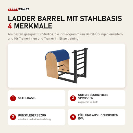 Elina Pilates Ladder Barrel mit Stahlbasis mit 4 Merkmalen: Stahlbasis, Gummibeschichtete Sprossen, Kunstlederbezug, Füllung aus hochdichtem EVA