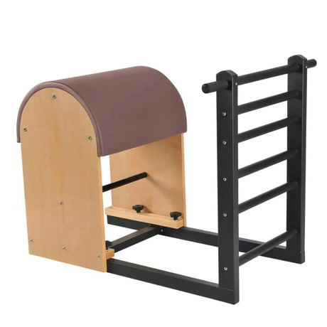 Elina Pilates Ladder Barrel mit Stahlbasis in Schrägansicht, Bezug in Altrosa mit schwarzer Leiter