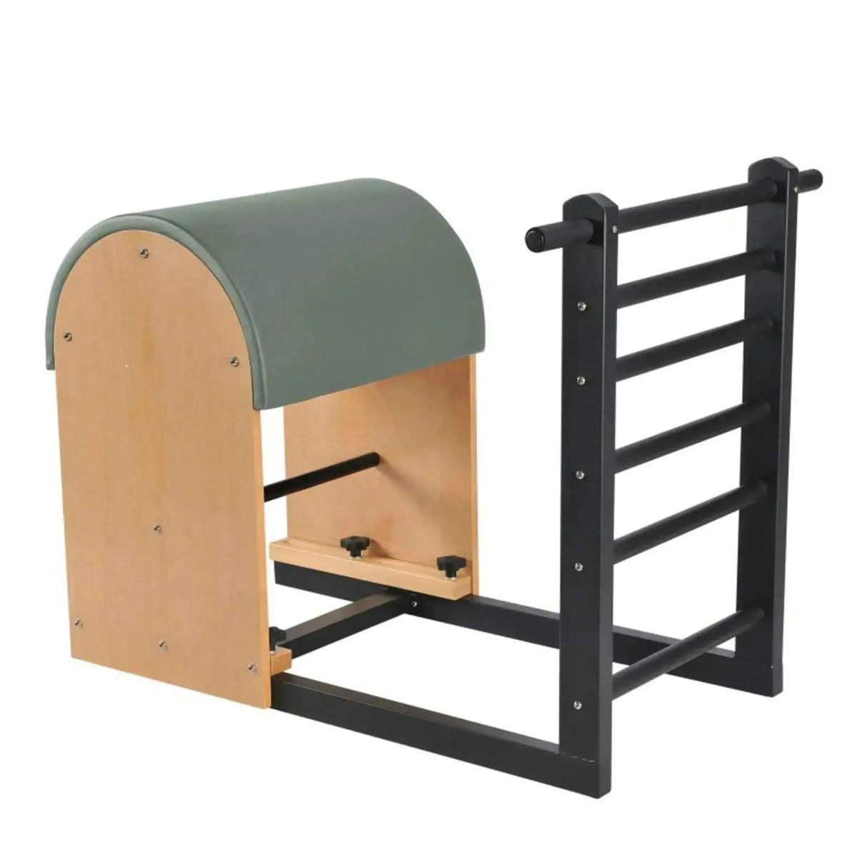 Elina Pilates Ladder Barrel mit Stahlbasis in Schrägansicht, Bezug in Eisblau mit schwarzer Leiter
