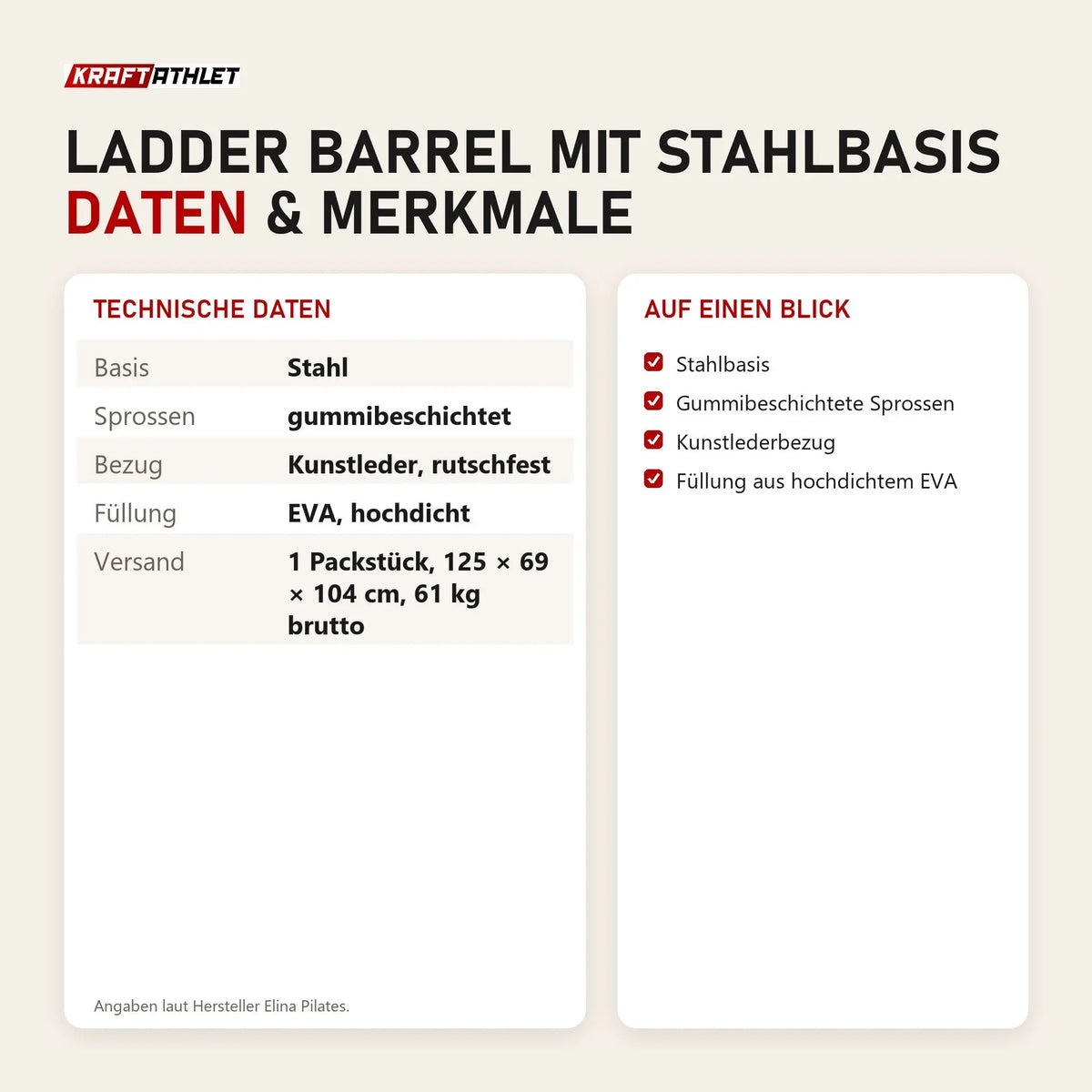 Technische Daten und Merkmale von Elina Pilates Ladder Barrel mit Stahlbasis als Tabelle
