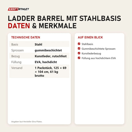 Technische Daten und Merkmale von Elina Pilates Ladder Barrel mit Stahlbasis als Tabelle