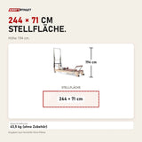 Maßbild Elina Pilates Lignum Reformer mit Tower aus Holz: Stellfläche 244 × 71 cm, Höhe 194 cm