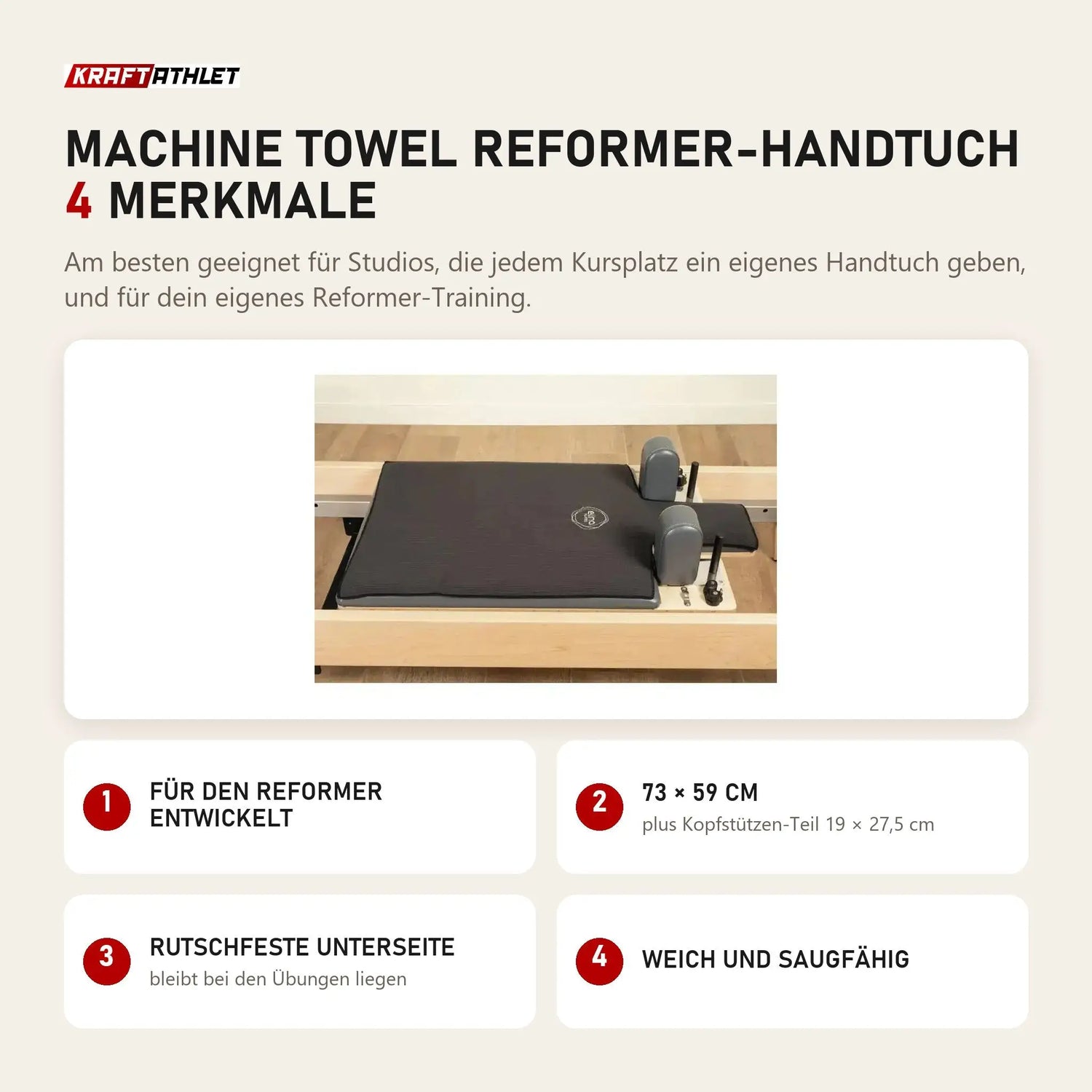 Elina Pilates Machine Towel Reformer-Handtuch mit 4 Merkmalen: Für den Reformer entwickelt, 73 × 59 cm, Rutschfeste Unterseite, Weich und saugfähig