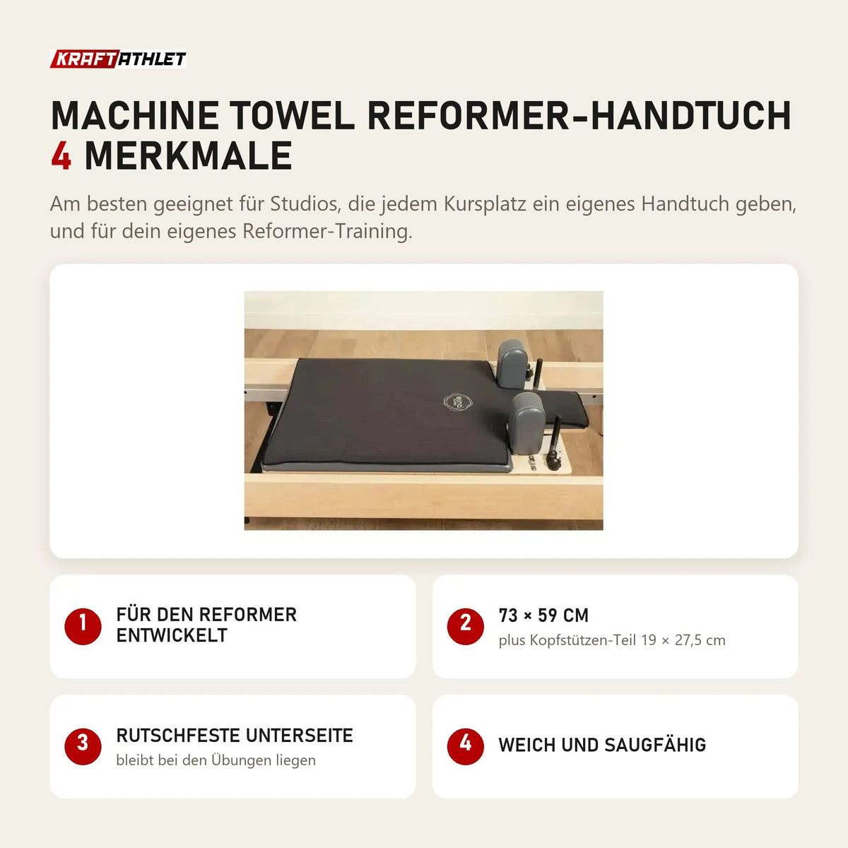 Elina Pilates Machine Towel Reformer-Handtuch mit 4 Merkmalen: Für den Reformer entwickelt, 73 × 59 cm, Rutschfeste Unterseite, Weich und saugfähig