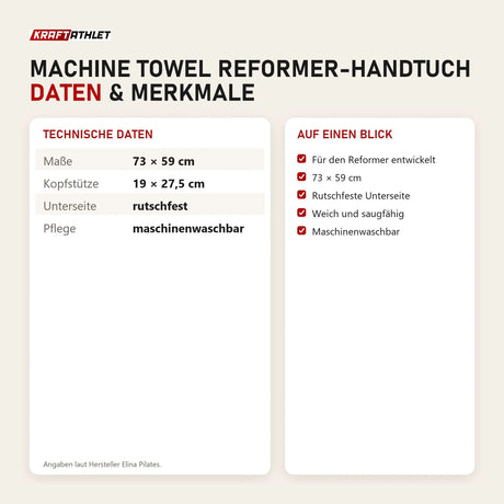 Technische Daten und Merkmale von Elina Pilates Machine Towel Reformer-Handtuch als Tabelle