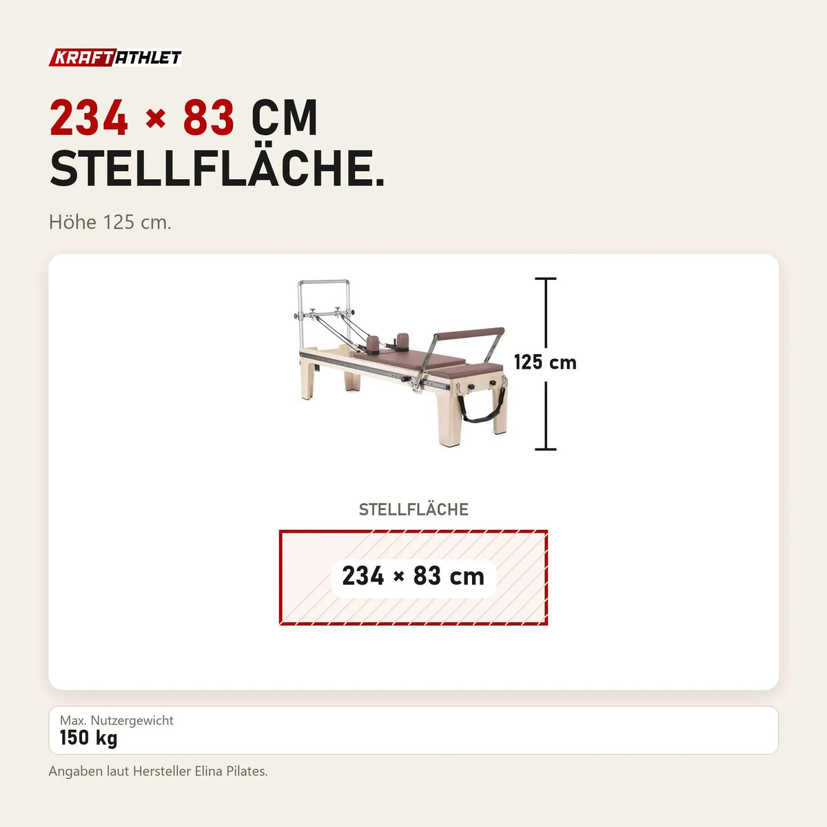 Maßbild Elina Pilates Master Instructor Physio Reformer aus Ahornholz: Stellfläche 234 × 83 cm, Höhe 125 cm