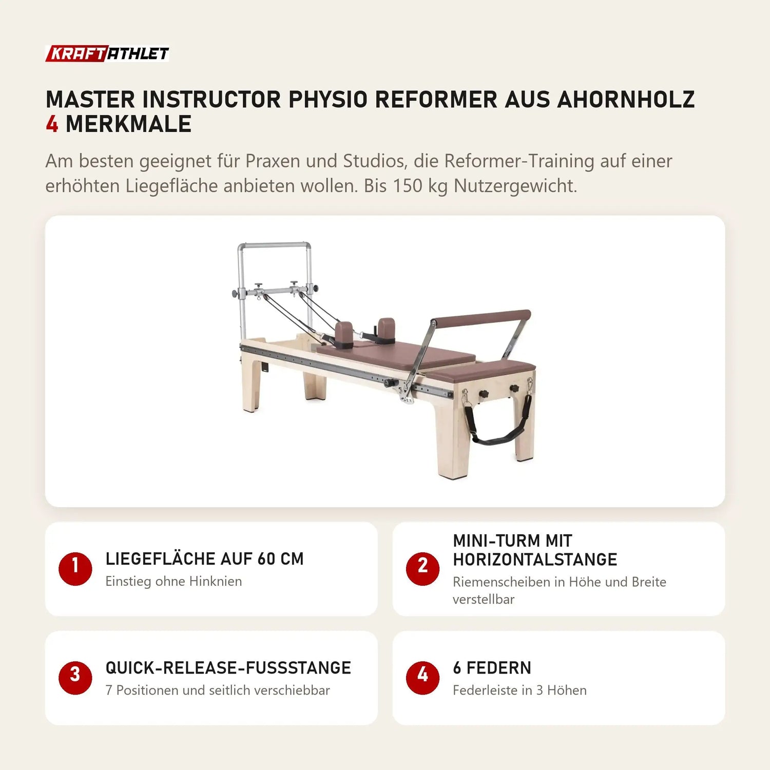 Elina Pilates Master Instructor Physio Reformer aus Ahornholz mit 4 Merkmalen: Liegefläche auf 60 cm, Mini-Turm mit Horizontalstange, Quick-Release-Fußstange, 6 Federn
