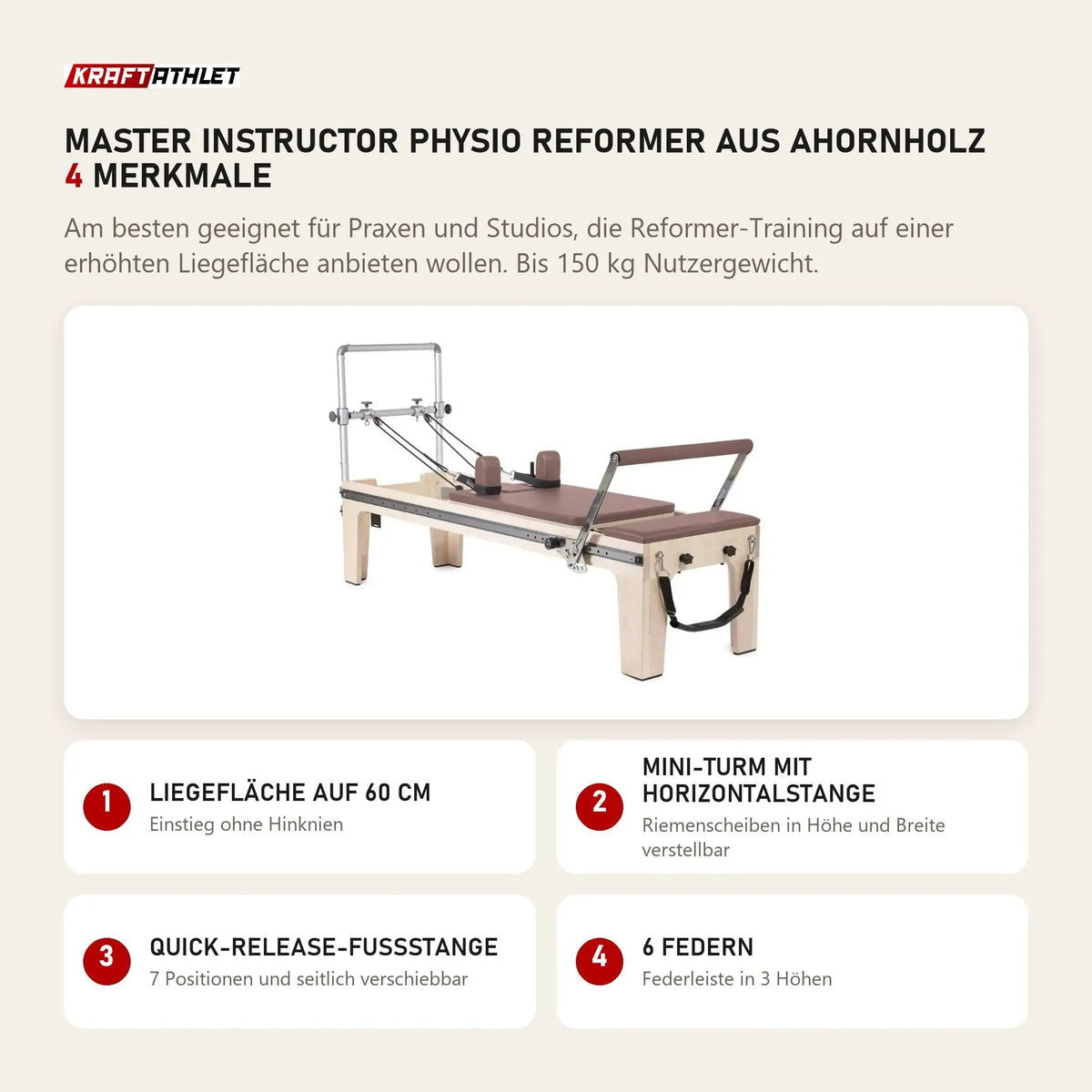 Elina Pilates Master Instructor Physio Reformer aus Ahornholz mit 4 Merkmalen: Liegefläche auf 60 cm, Mini-Turm mit Horizontalstange, Quick-Release-Fußstange, 6 Federn