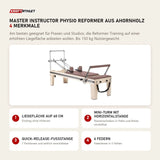 Elina Pilates Master Instructor Physio Reformer aus Ahornholz mit 4 Merkmalen: Liegefläche auf 60 cm, Mini-Turm mit Horizontalstange, Quick-Release-Fußstange, 6 Federn