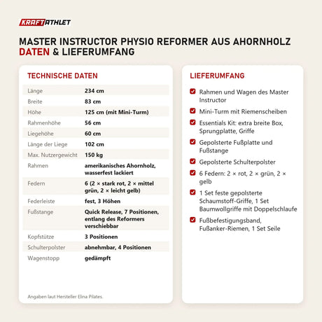 Technische Daten und Lieferumfang von Elina Pilates Master Instructor Physio Reformer aus Ahornholz als Tabelle