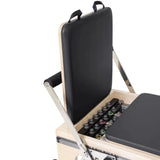 Elina Pilates Master Instructor Physio Reformer mit Tower – Detail der Sitzbox mit hochgeklappter Lehne und Federleiste in Schwarz