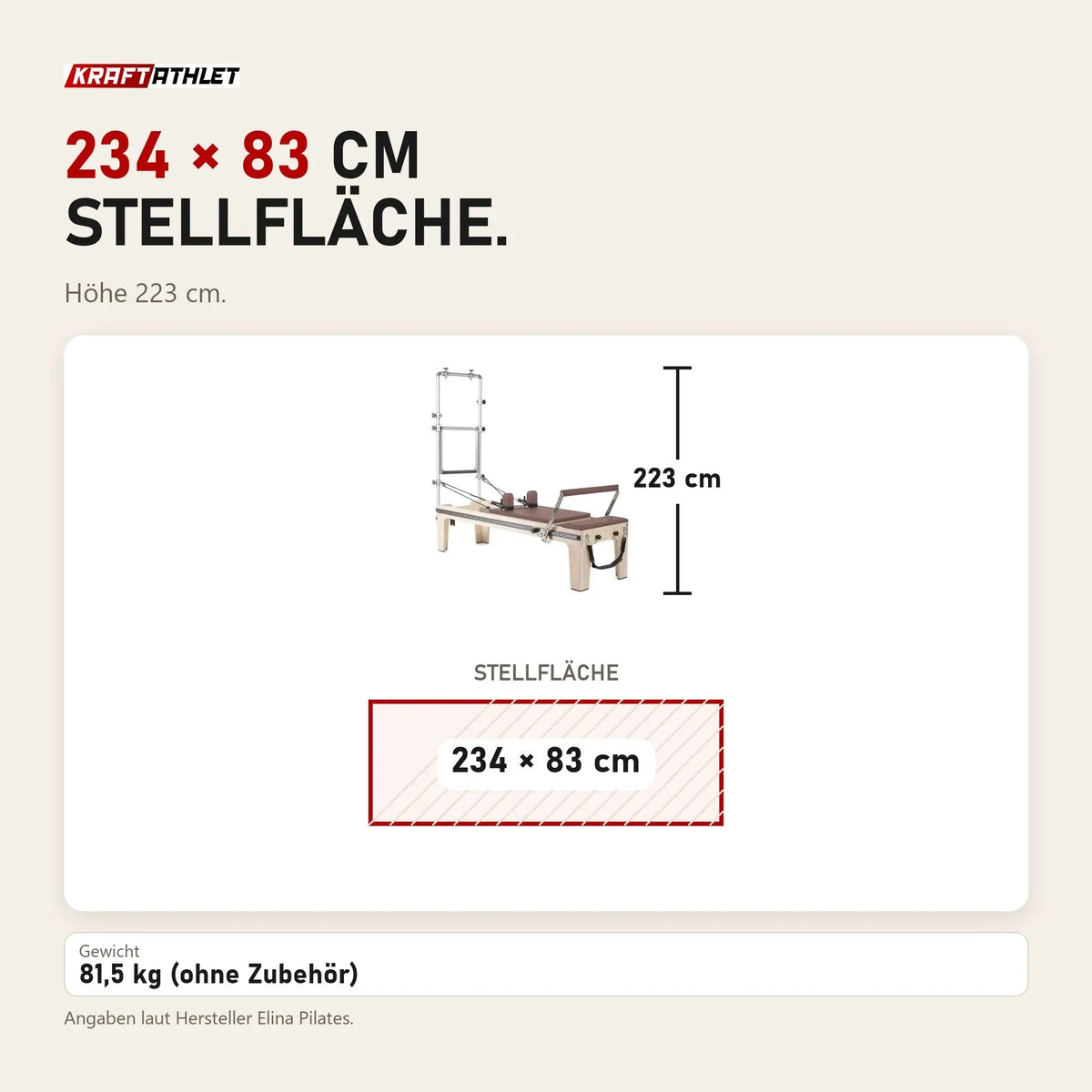 Maßbild Elina Pilates Master Instructor Physio Reformer mit Tower: Stellfläche 234 × 83 cm, Höhe 223 cm
