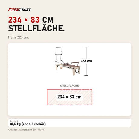 Maßbild Elina Pilates Master Instructor Physio Reformer mit Tower: Stellfläche 234 × 83 cm, Höhe 223 cm