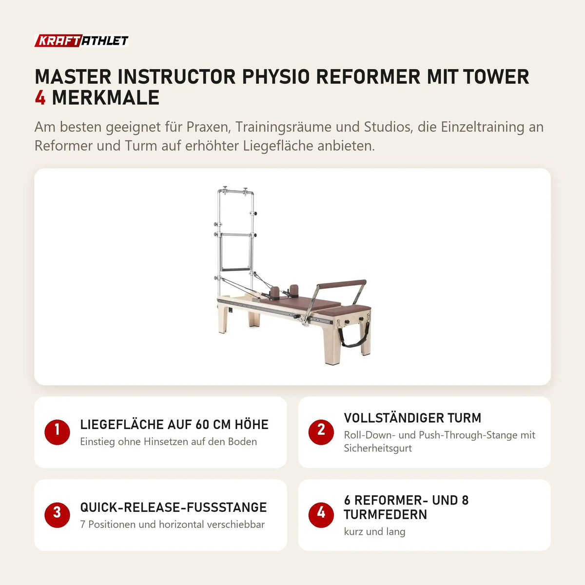 Elina Pilates Master Instructor Physio Reformer mit Tower mit 4 Merkmalen: Liegefläche auf 60 cm Höhe, Vollständiger Turm, Quick-Release-Fußstange, 6 Reformer- und 8 Turmfedern