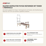 Elina Pilates Master Instructor Physio Reformer mit Tower mit 4 Merkmalen: Liegefläche auf 60 cm Höhe, Vollständiger Turm, Quick-Release-Fußstange, 6 Reformer- und 8 Turmfedern