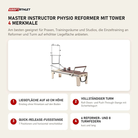 Elina Pilates Master Instructor Physio Reformer mit Tower mit 4 Merkmalen: Liegefläche auf 60 cm Höhe, Vollständiger Turm, Quick-Release-Fußstange, 6 Reformer- und 8 Turmfedern