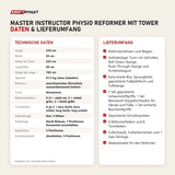 Technische Daten und Lieferumfang von Elina Pilates Master Instructor Physio Reformer mit Tower als Tabelle