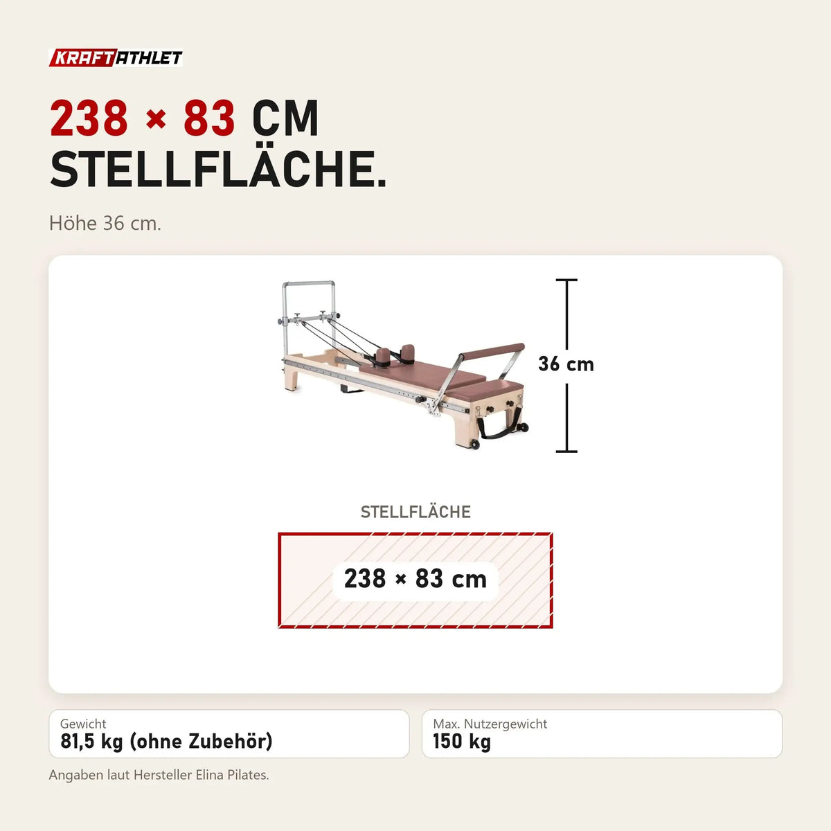 Maßbild Elina Pilates Master Instructor Reformer aus Ahornholz: Stellfläche 238 × 83 cm, Höhe 36 cm
