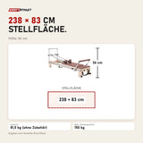 Maßbild Elina Pilates Master Instructor Reformer aus Ahornholz: Stellfläche 238 × 83 cm, Höhe 36 cm