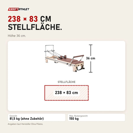 Maßbild Elina Pilates Master Instructor Reformer aus Ahornholz: Stellfläche 238 × 83 cm, Höhe 36 cm