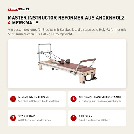 Elina Pilates Master Instructor Reformer aus Ahornholz mit 4 Merkmalen: Mini-Turm inklusive, Quick-Release-Fußstange, Stapelbar, 6 Federn