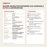Technische Daten und Lieferumfang von Elina Pilates Master Instructor Reformer aus Ahornholz als Tabelle