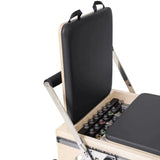 Elina Pilates Master Instructor Reformer mit Tower aus Ahornholz, Detail der schwarzen Sitzbox am Wagen