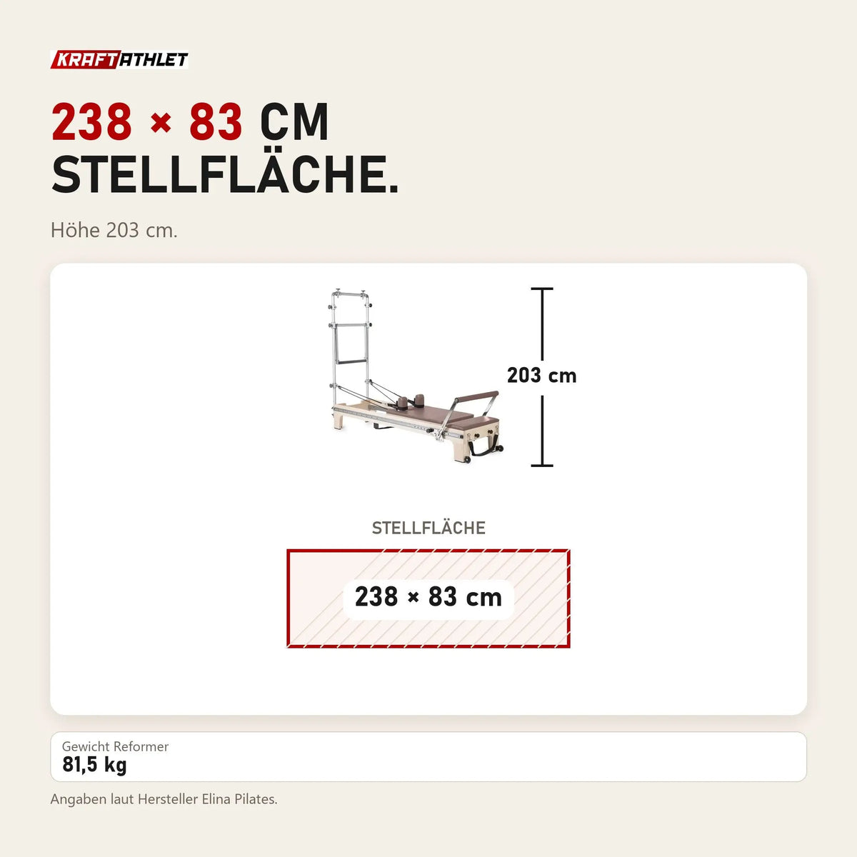 Maßbild Elina Pilates Master Instructor Reformer mit Tower aus Ahornholz: Stellfläche 238 × 83 cm, Höhe 203 cm