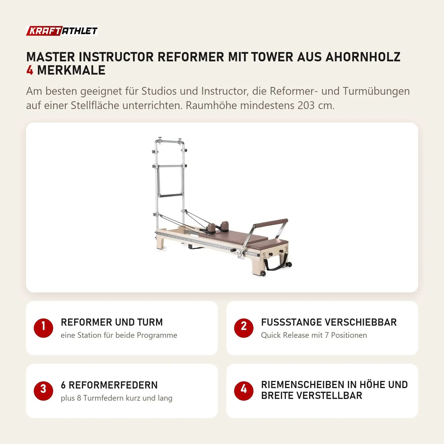 Elina Pilates Master Instructor Reformer mit Tower aus Ahornholz mit 4 Merkmalen: Reformer und Turm, Fußstange verschiebbar, 6 Reformerfedern, Riemenscheiben in Höhe und Breite verstellbar