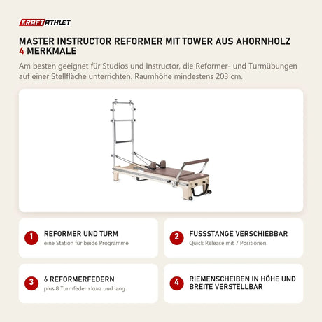 Elina Pilates Master Instructor Reformer mit Tower aus Ahornholz mit 4 Merkmalen: Reformer und Turm, Fußstange verschiebbar, 6 Reformerfedern, Riemenscheiben in Höhe und Breite verstellbar